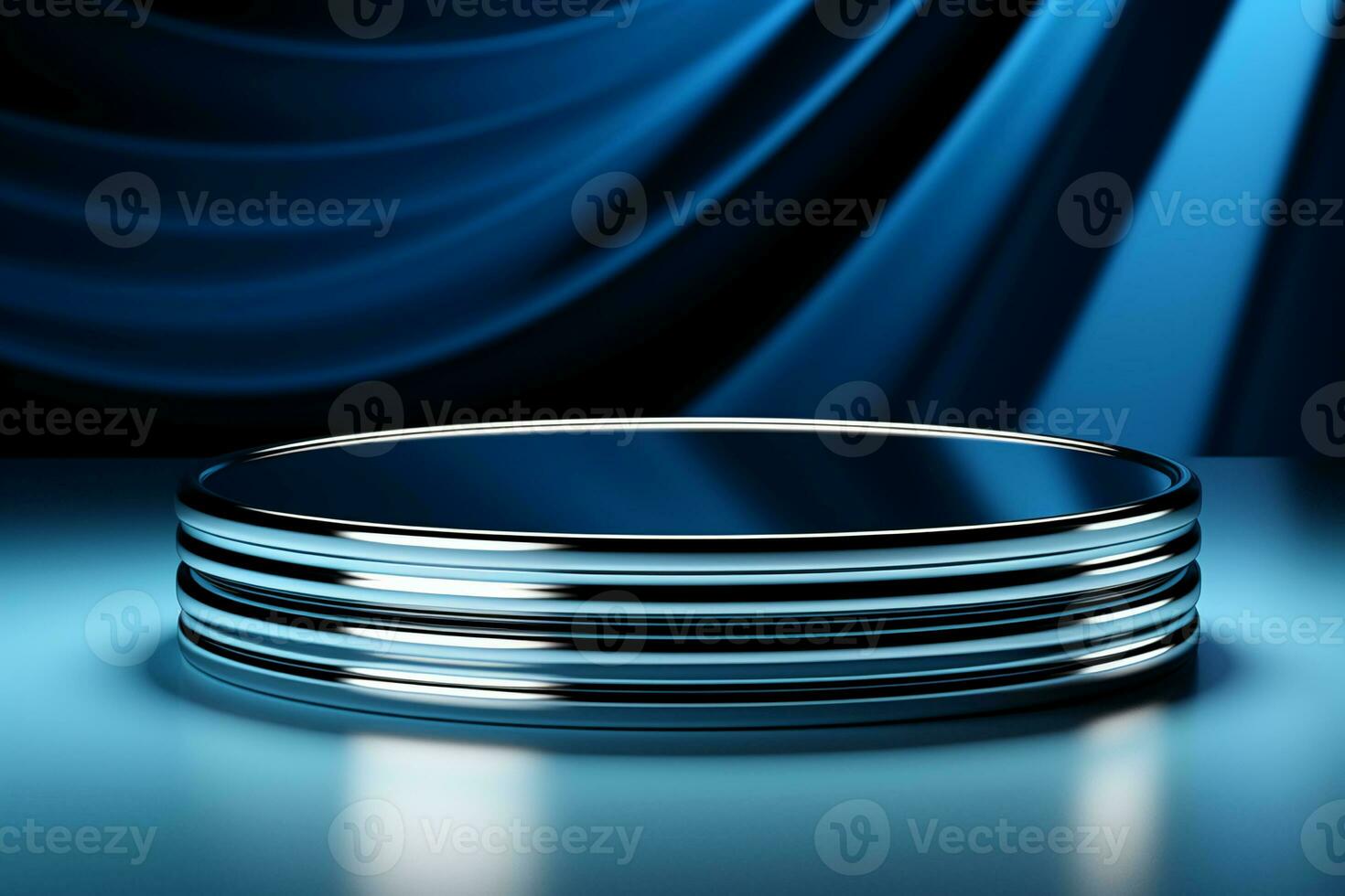a silver metal podium and backdrop in studio lighting blue background. AI generative photo