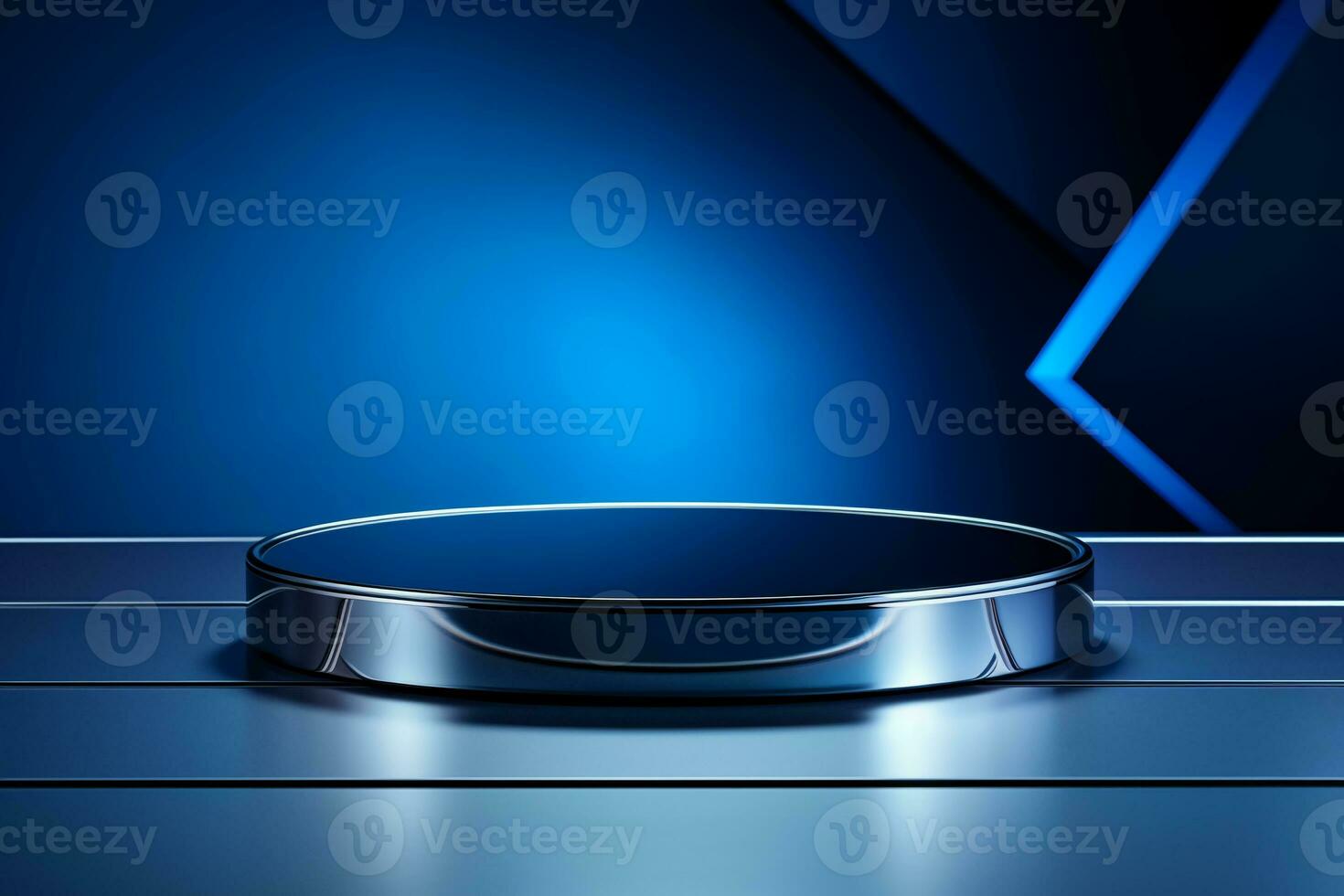 a silver metal podium and backdrop in studio lighting blue background. AI generative photo