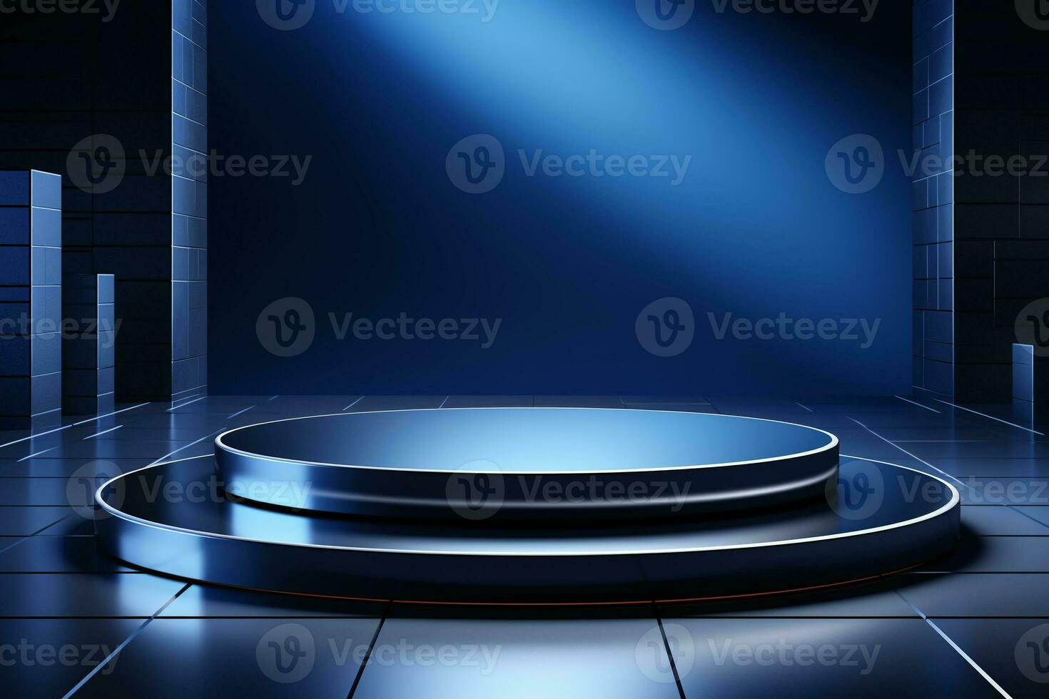 a silver metal podium and backdrop in studio lighting blue background. AI generative photo