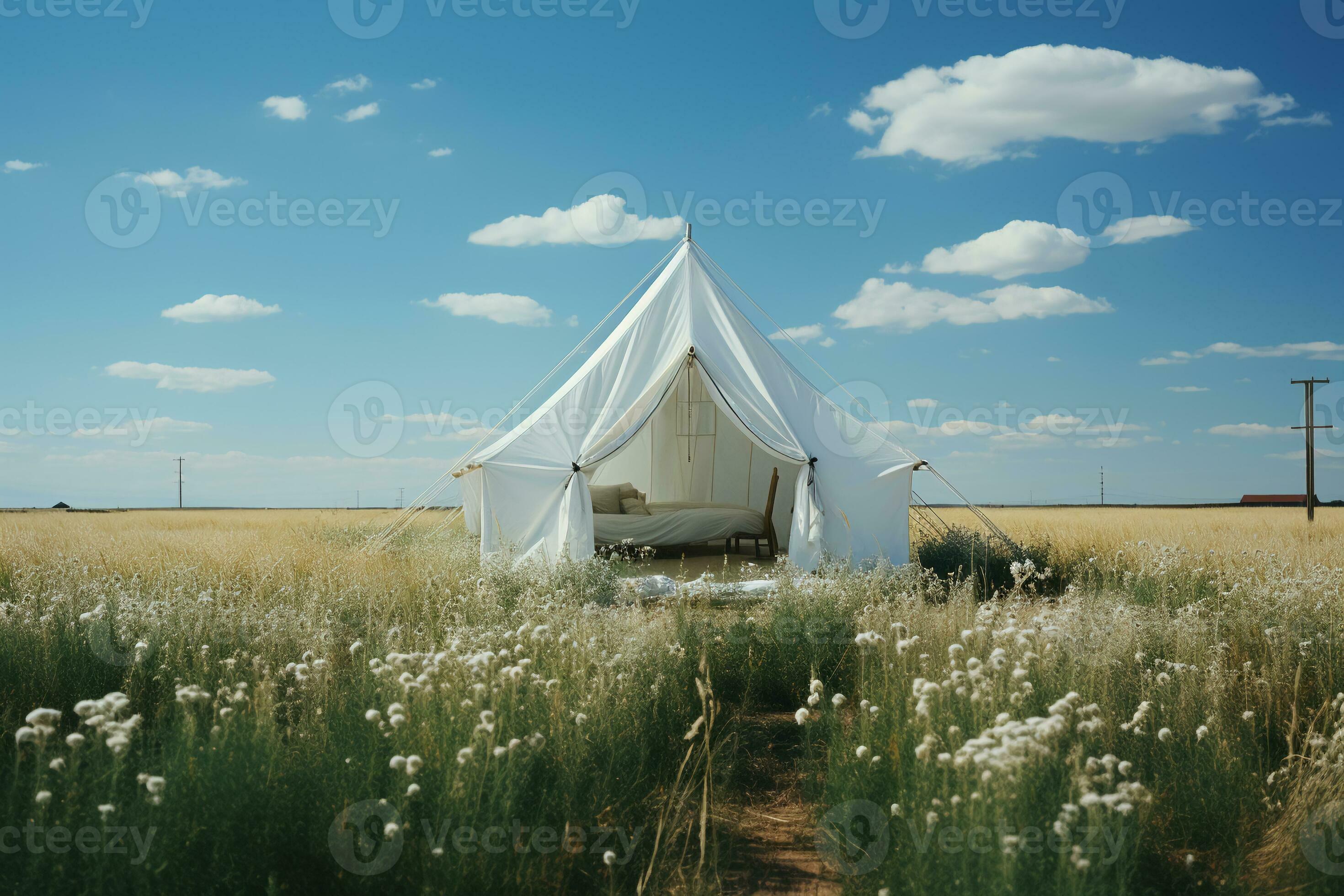 green field, bright, realistic, short grass, white tent, far away. AI