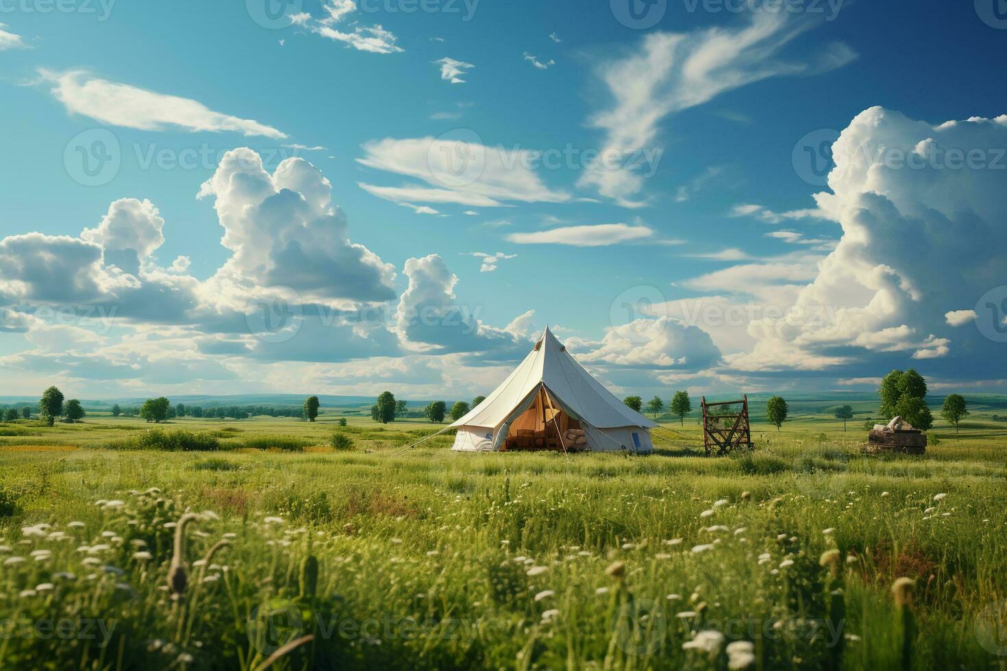 green field, bright, realistic, short grass, white tent, far away. AI