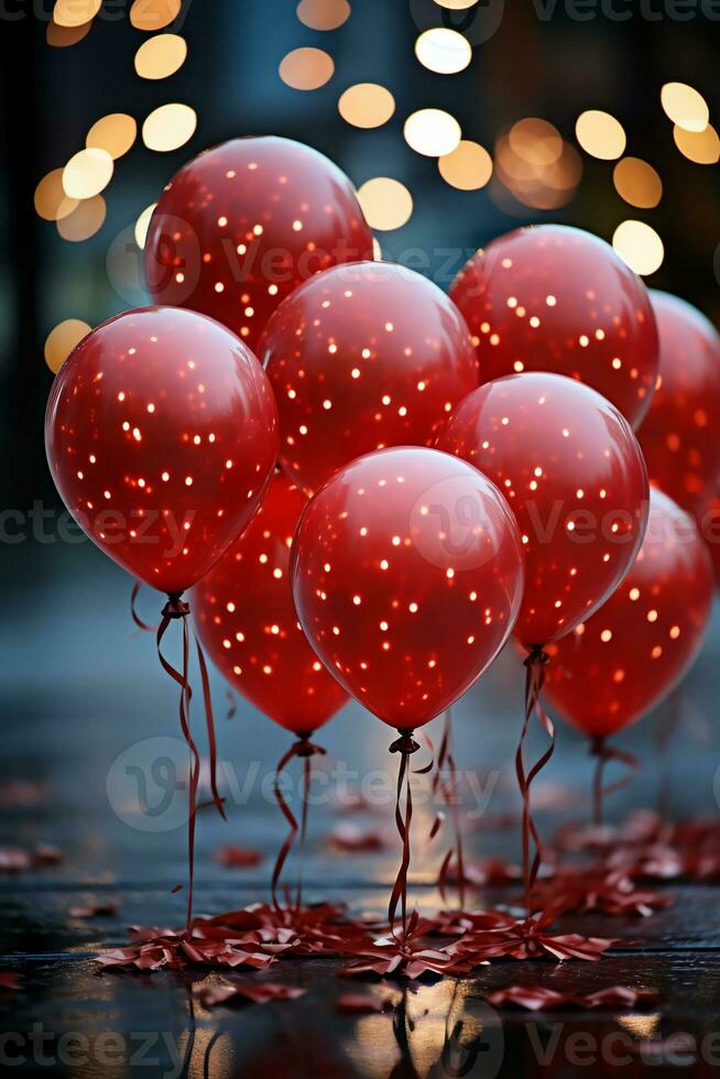 Red baloons, bokeh in backround, shallow depth of field. AI generative photo