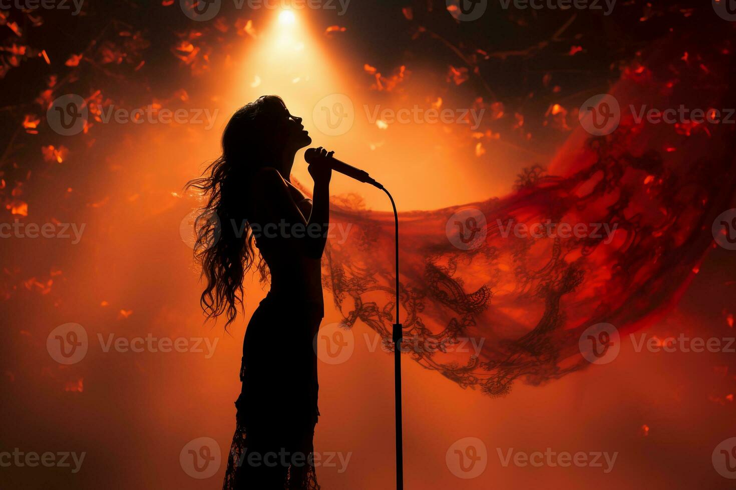 Stylish photography of folklore girl singing to a microphone on stage. AI generative photo