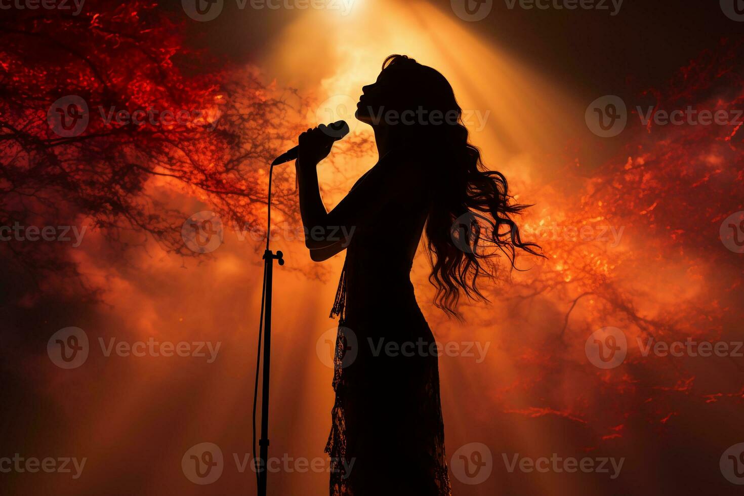 Stylish photography of folklore girl singing to a microphone on stage. AI generative photo