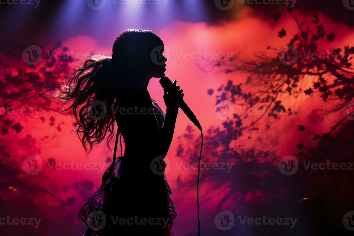 Stylish photography of folklore girl singing to a microphone on stage. AI generative photo