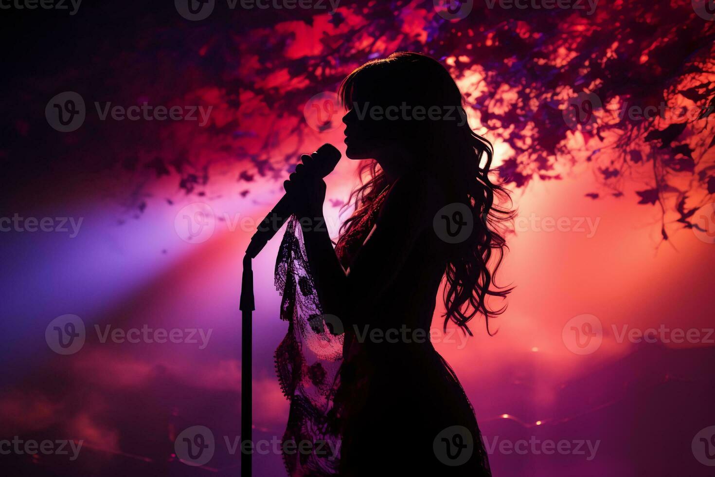 Stylish photography of folklore girl singing to a microphone on stage. AI generative photo