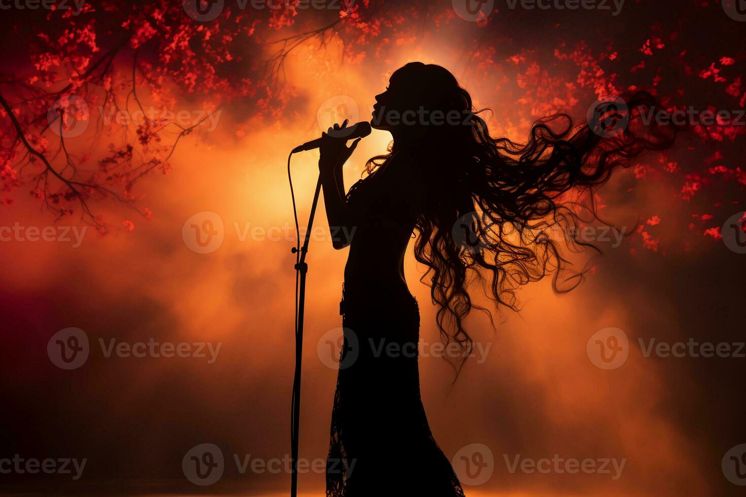 Stylish photography of folklore girl singing to a microphone on stage. AI generative photo