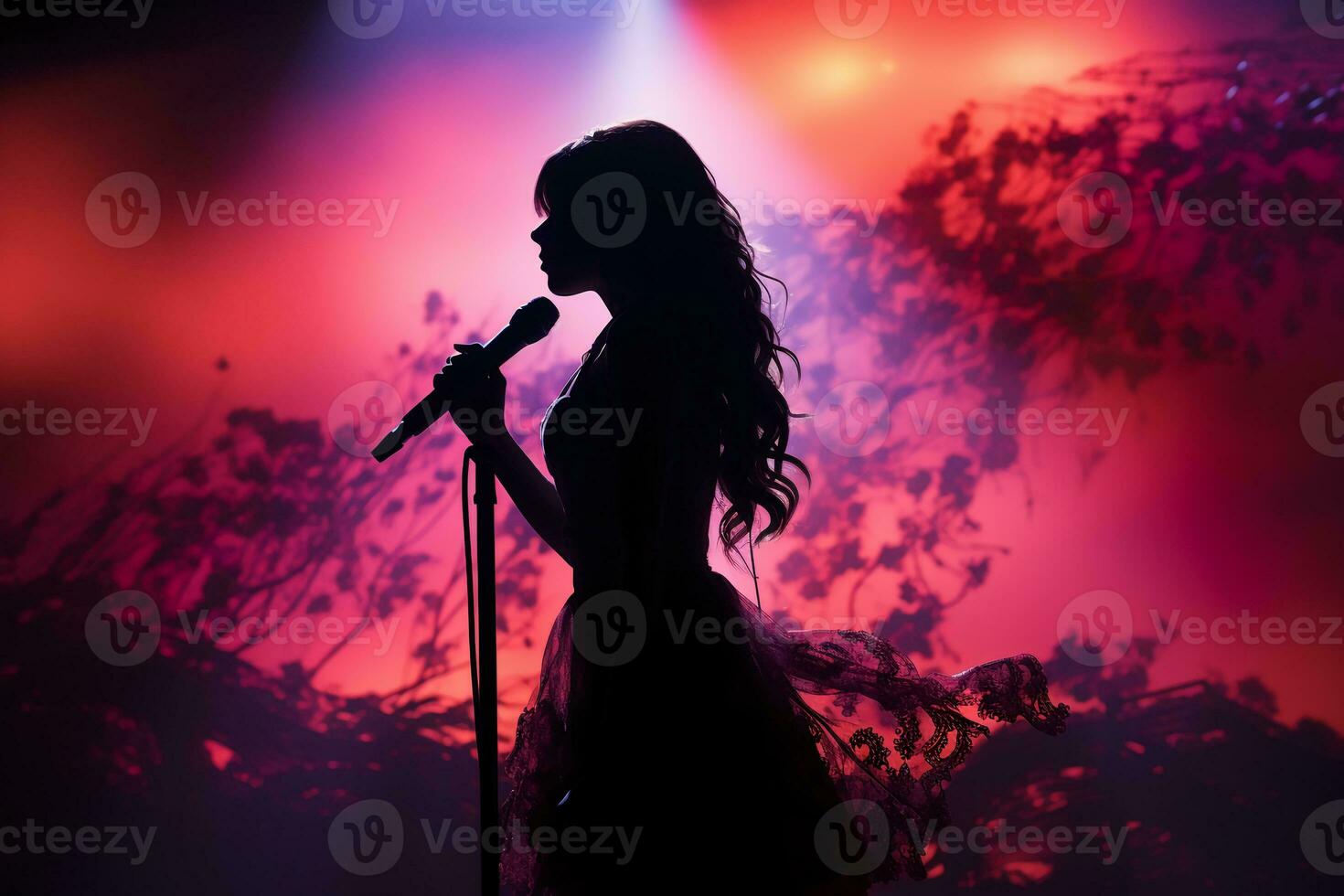 Stylish photography of folklore girl singing to a microphone on stage. AI generative photo