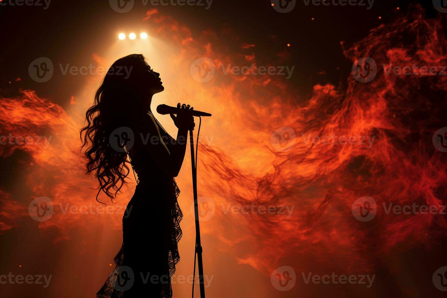 Stylish photography of folklore girl singing to a microphone on stage. AI generative photo