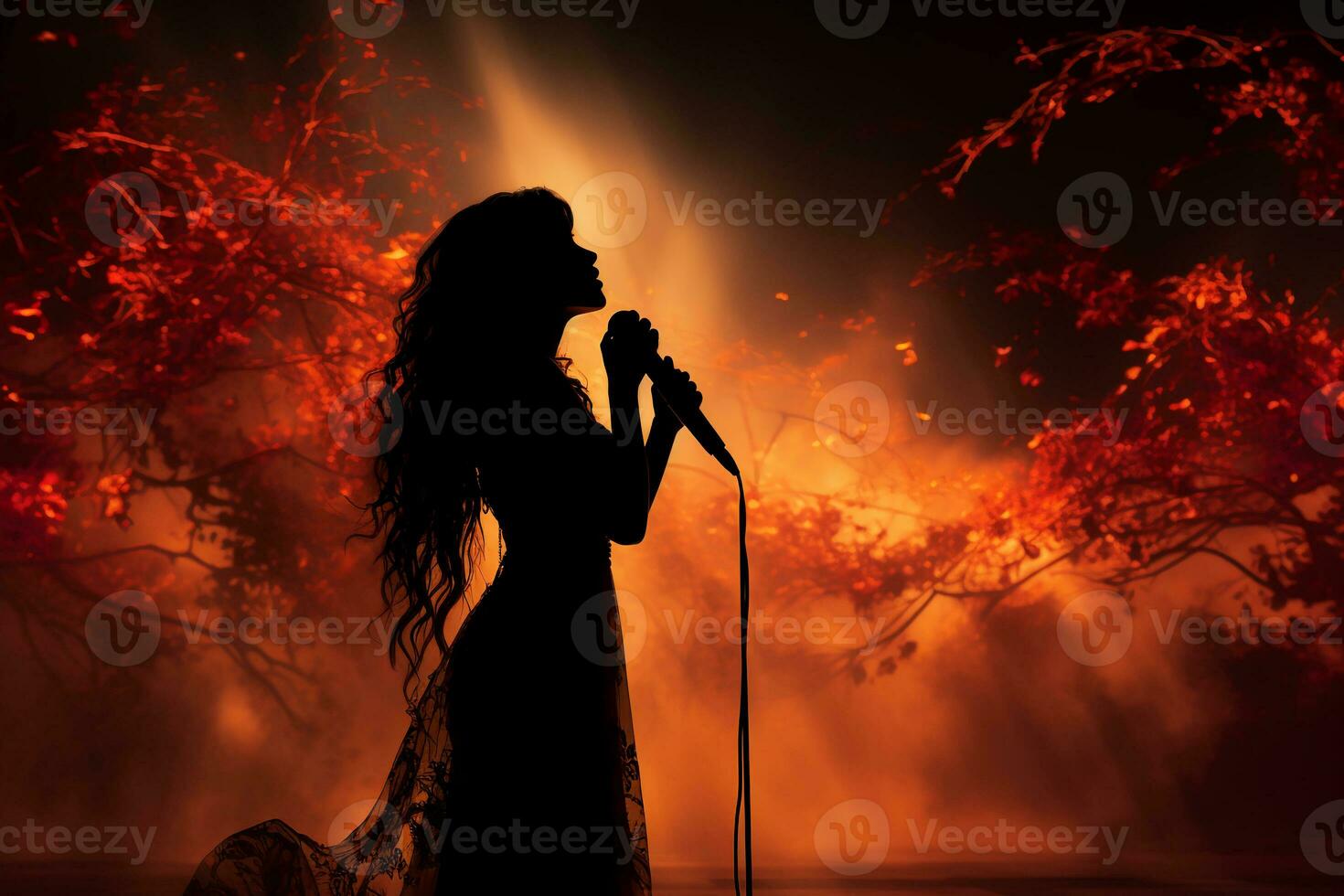 Stylish photography of folklore girl singing to a microphone on stage. AI generative photo