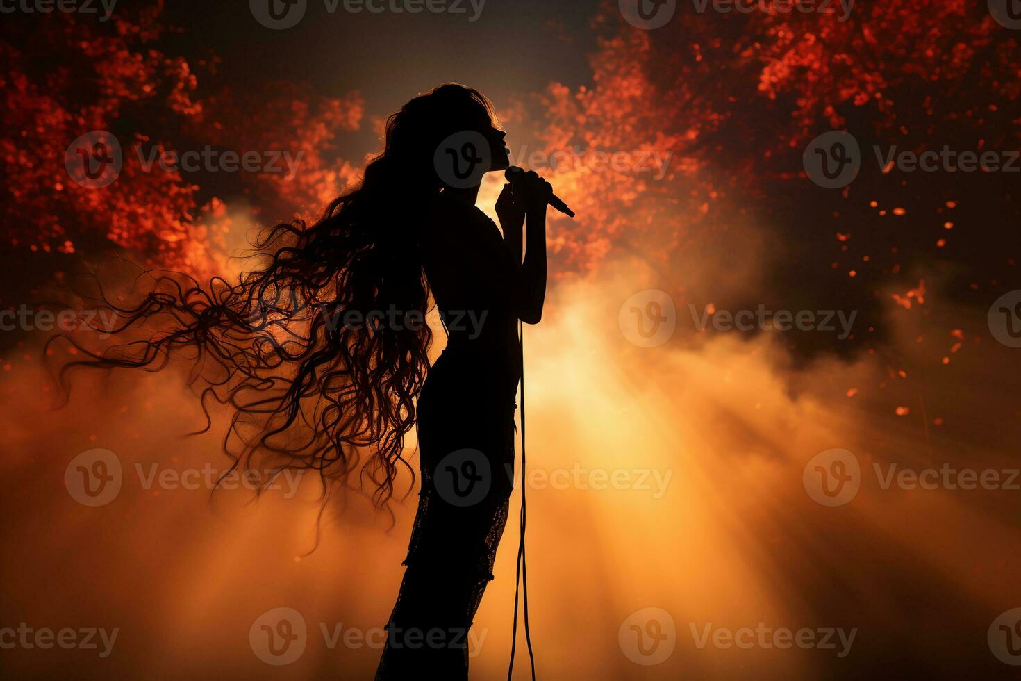 Stylish photography of folklore girl singing to a microphone on stage. AI generative photo