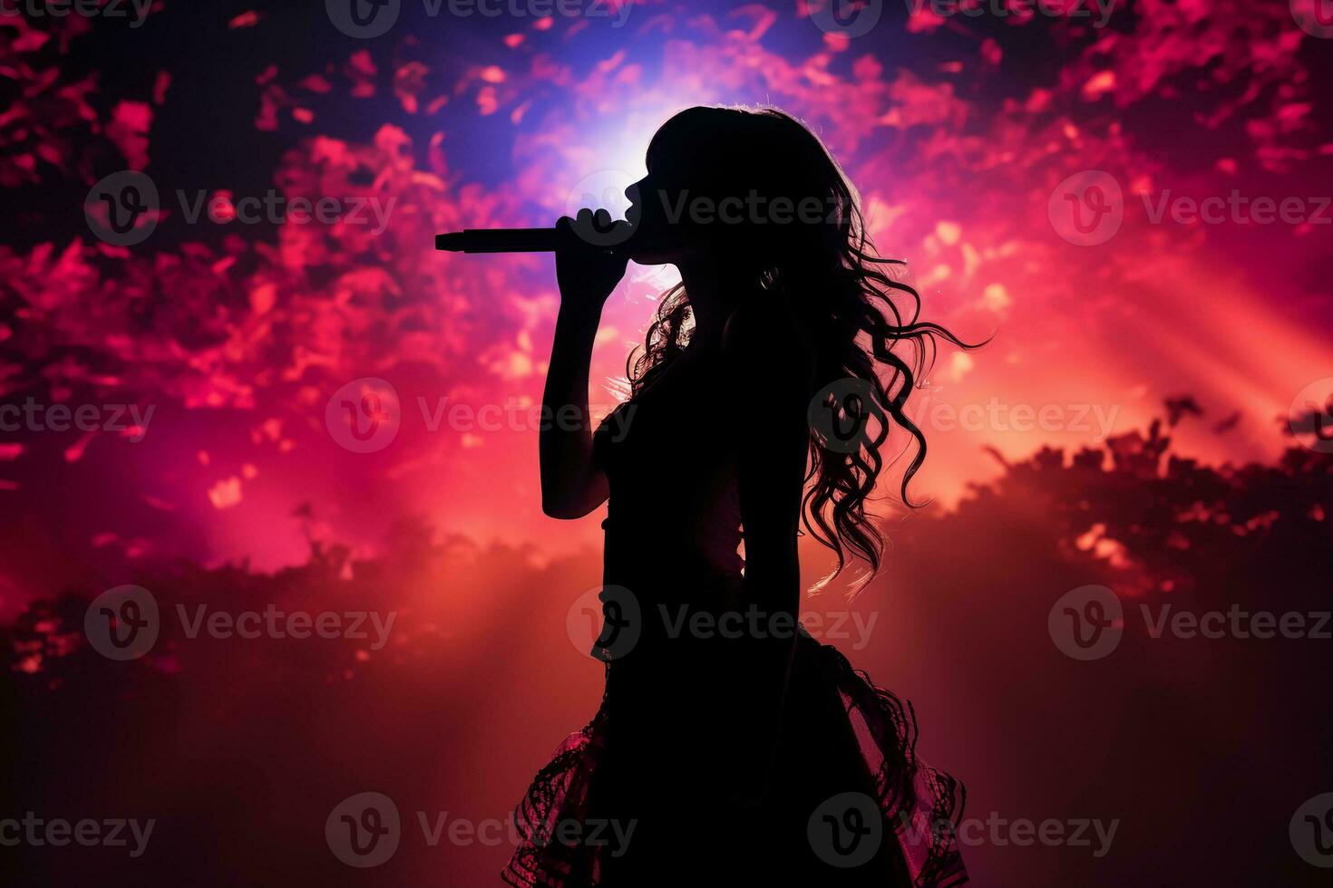 Stylish photography of folklore girl singing to a microphone on stage. AI generative photo