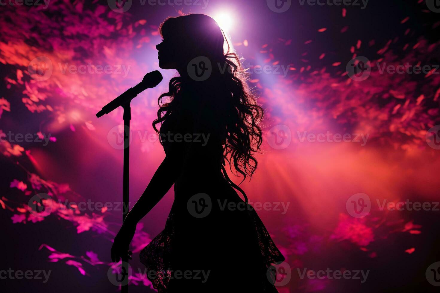 elegante fotografía de folklore niña canto a un micrófono en escenario. ai generativo foto