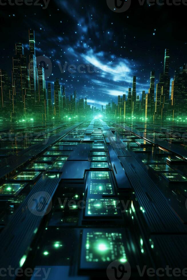 Technological lines, sense of lines, big data, blue, green. AI generative photo