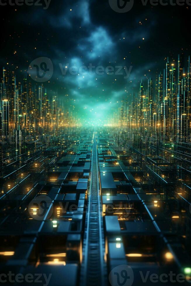 Technological lines, sense of lines, big data, blue, green. AI generative photo