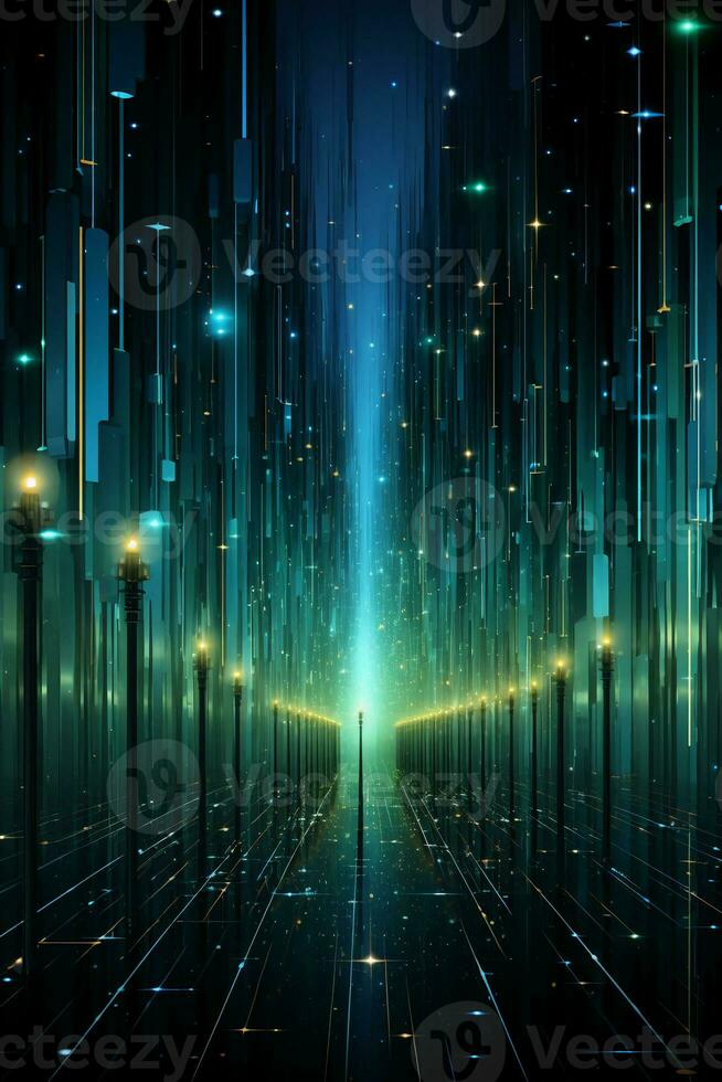Technological lines, sense of lines, big data, blue, green. AI generative photo