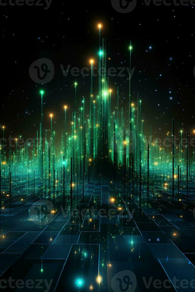 Technological lines, sense of lines, big data, blue, green. AI generative photo
