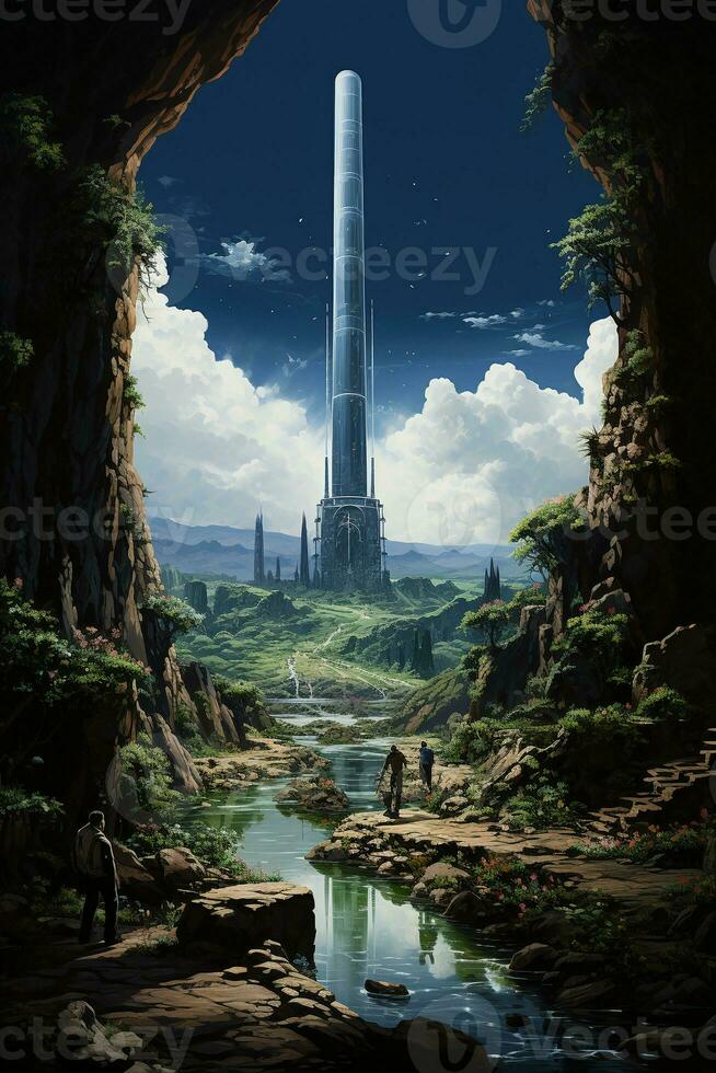 Orientalist oil painting of great azure lapis lazuli bright blue roman Column obelisk reaching into the sky. AI generative photo