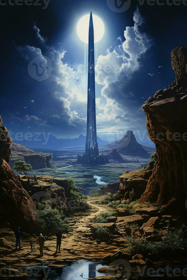 Orientalist oil painting of great azure lapis lazuli bright blue roman Column obelisk reaching into the sky. AI generative photo