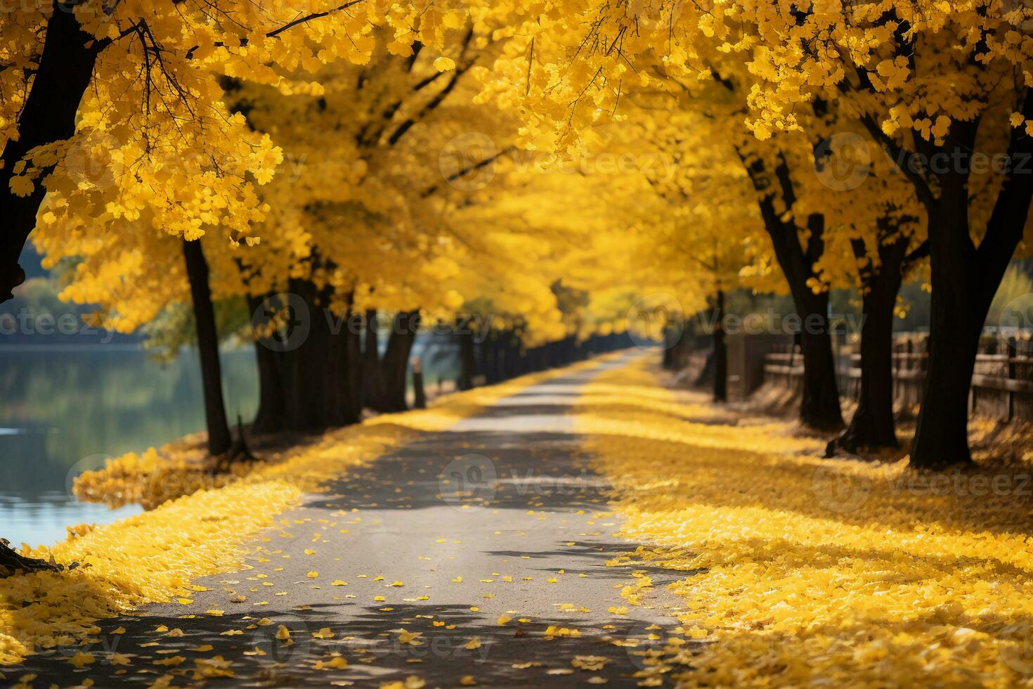 Ginkgo Avenue in autumn, ginkgo trees by the river, golden in color. AI generative photo