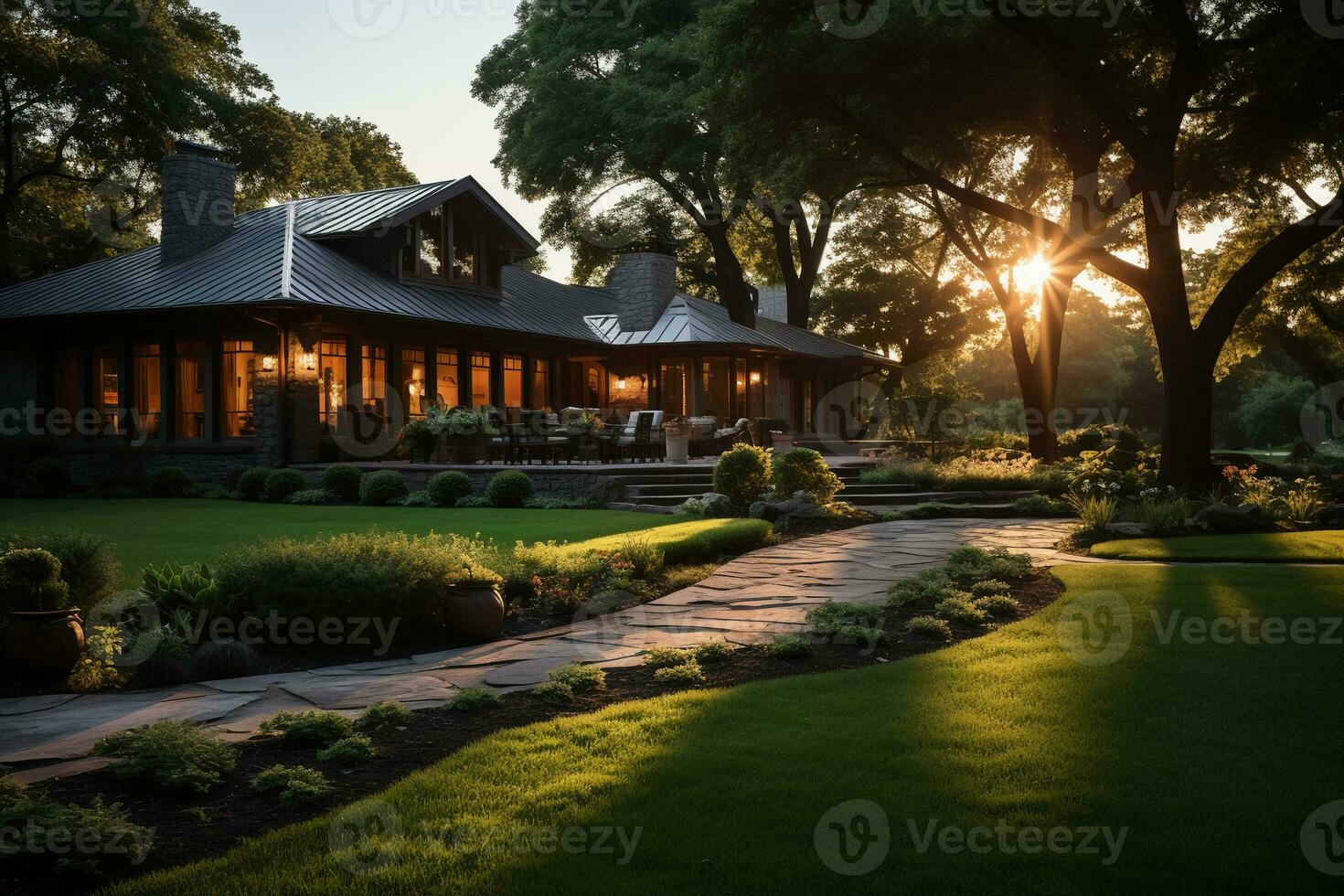 bien mantenido y cuidado yarda a amanecer. ai generativo foto