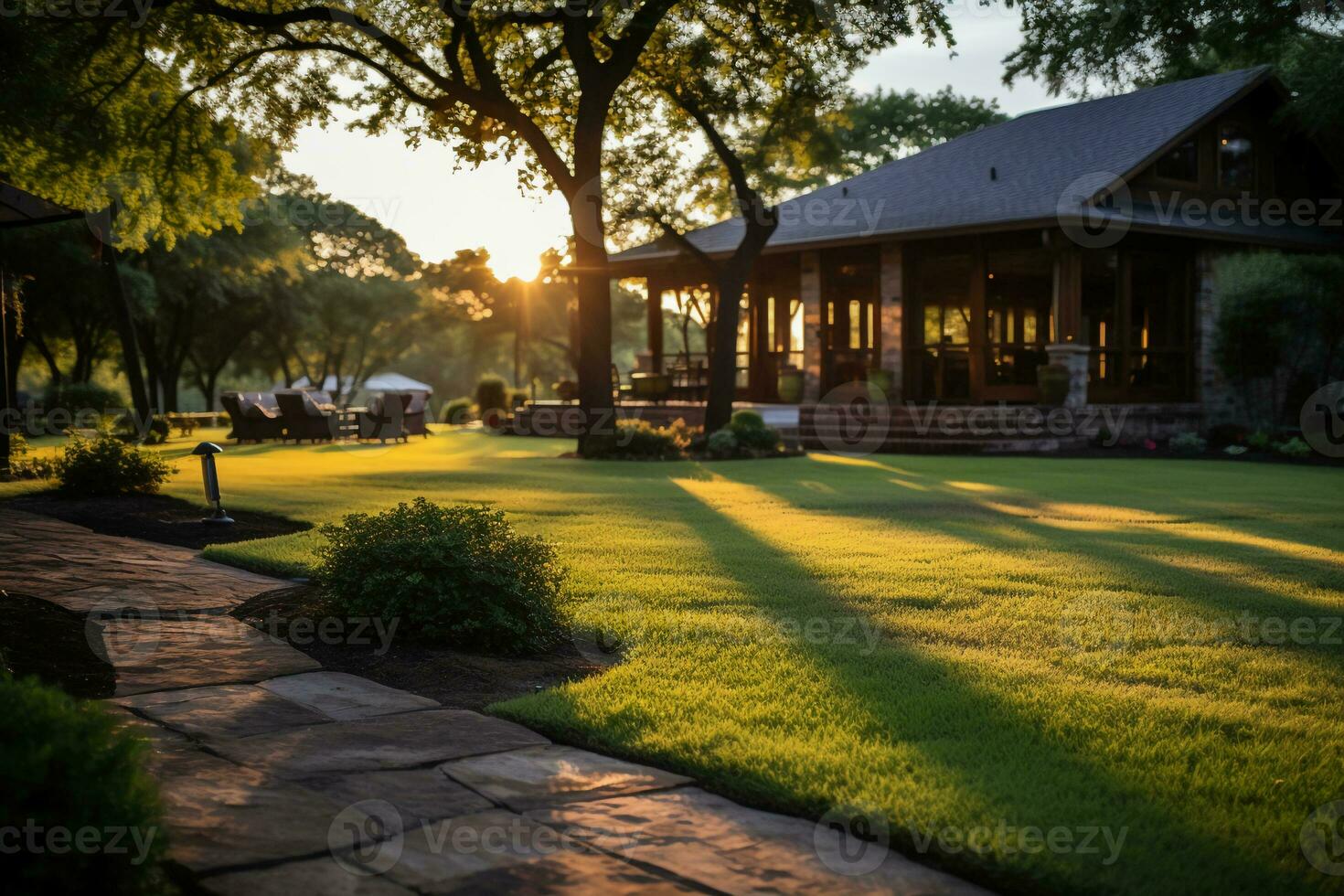 well maintained and manicured yard at sunrise. AI generative photo