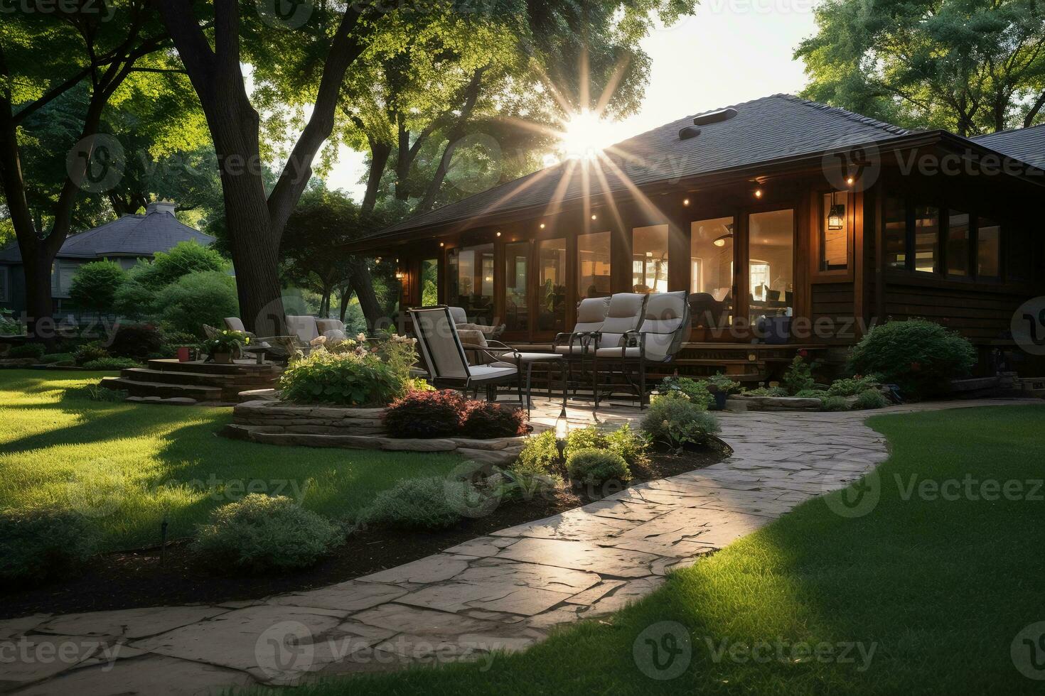 well maintained and manicured yard at sunrise. AI generative photo