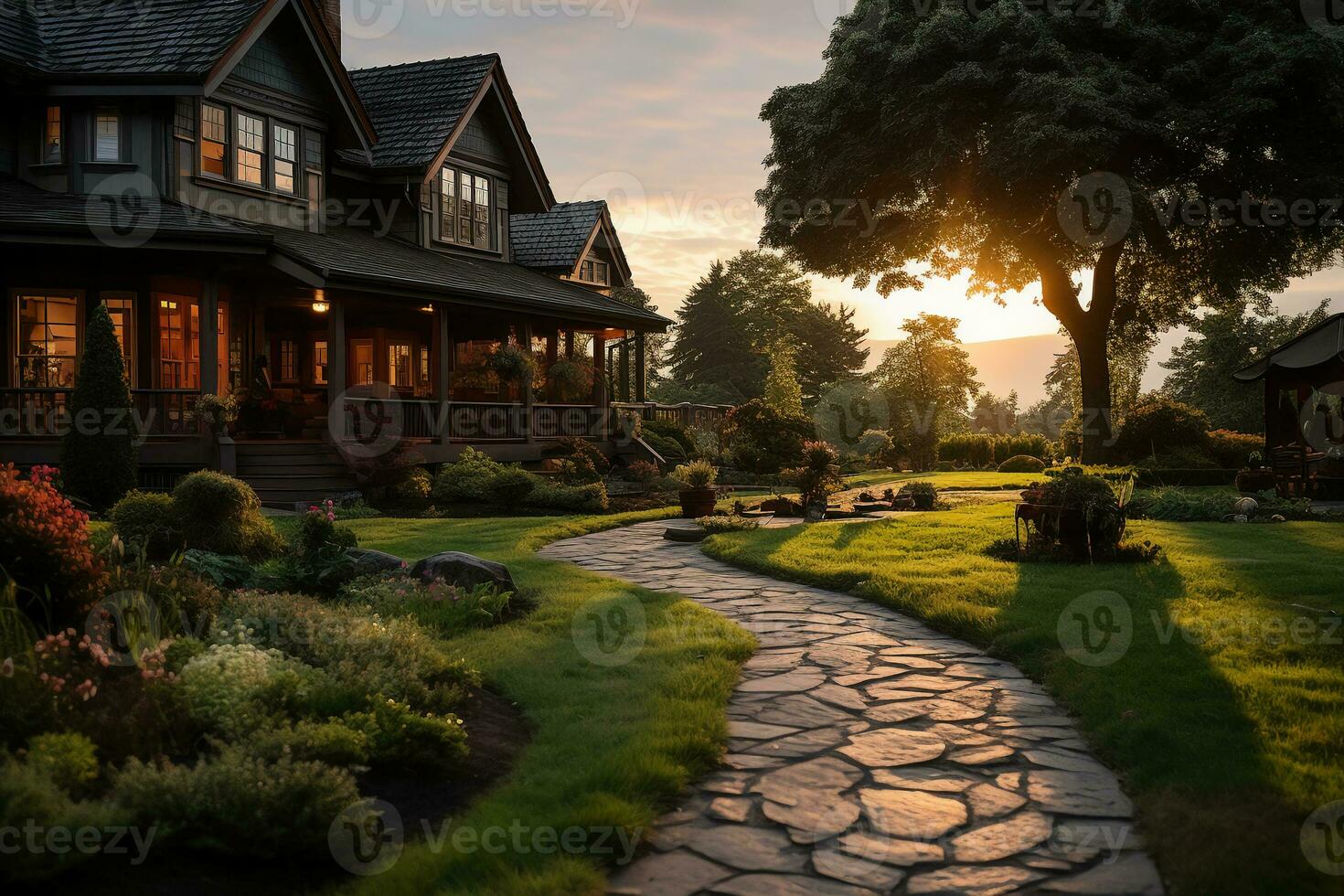 well maintained and manicured yard at sunrise. AI generative photo