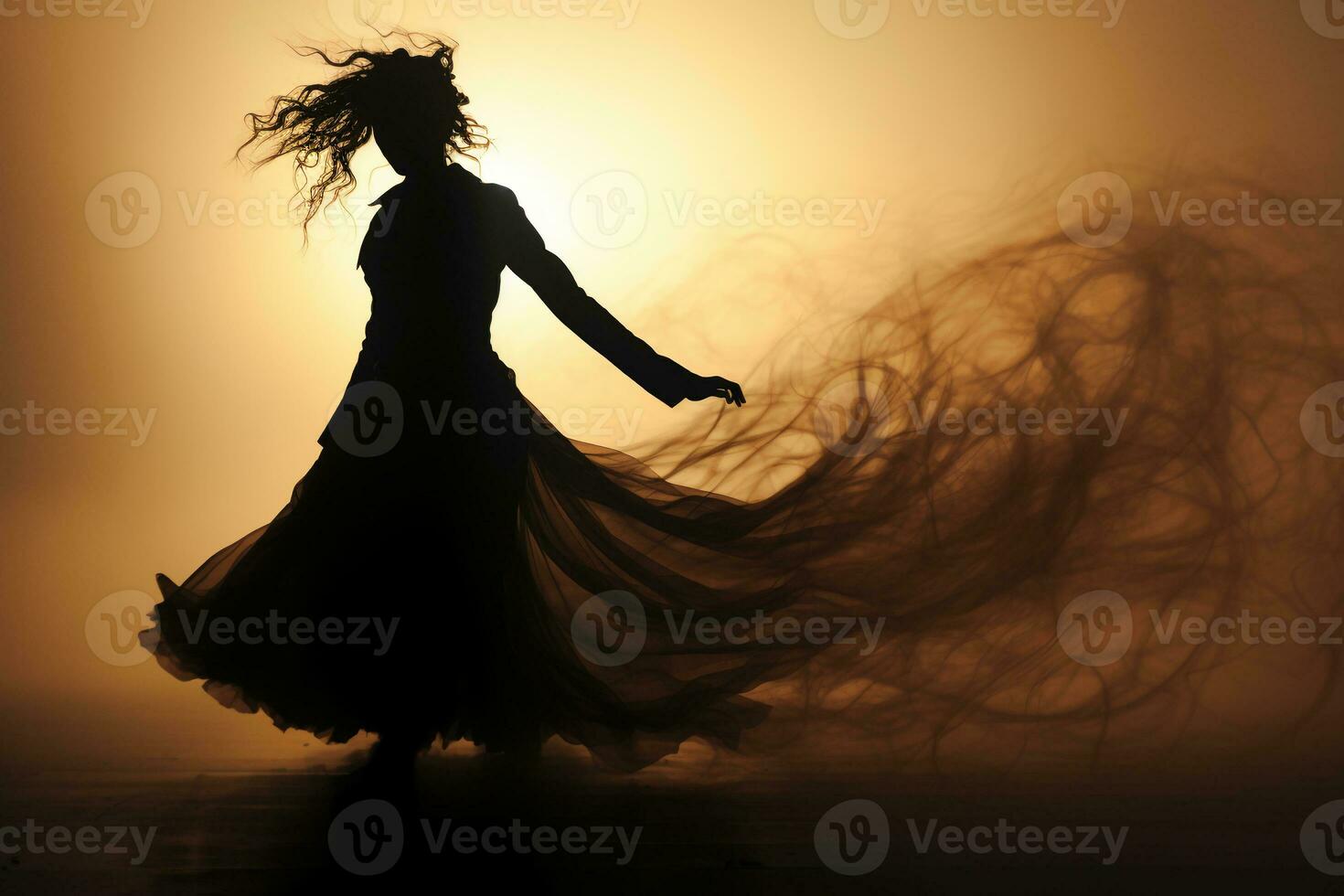 Woman vaguely visible silhouette through thick fog, dynamic pose. AI generative photo