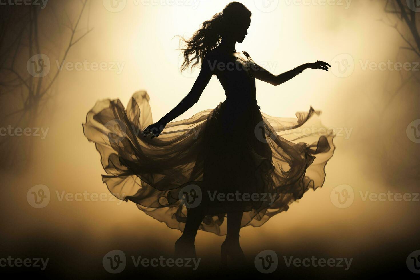 Woman vaguely visible silhouette through thick fog, dynamic pose. AI generative photo