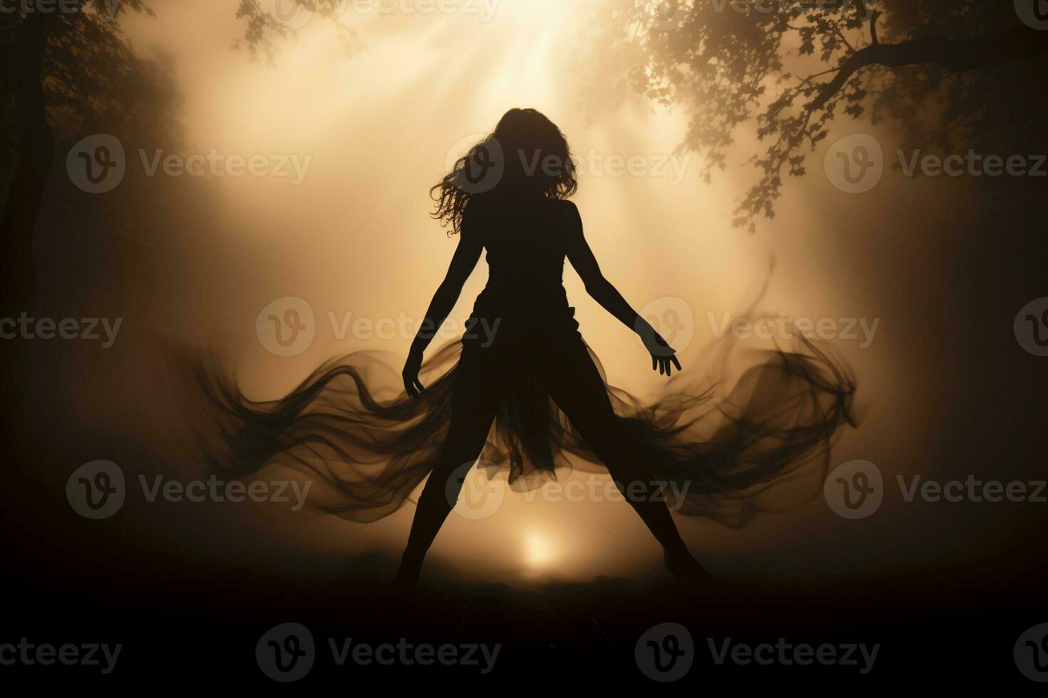 Woman vaguely visible silhouette through thick fog, dynamic pose. AI generative photo