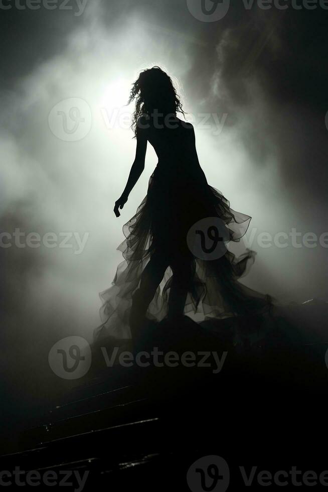 Woman vaguely visible silhouette through thick fog, dynamic pose. AI generative photo