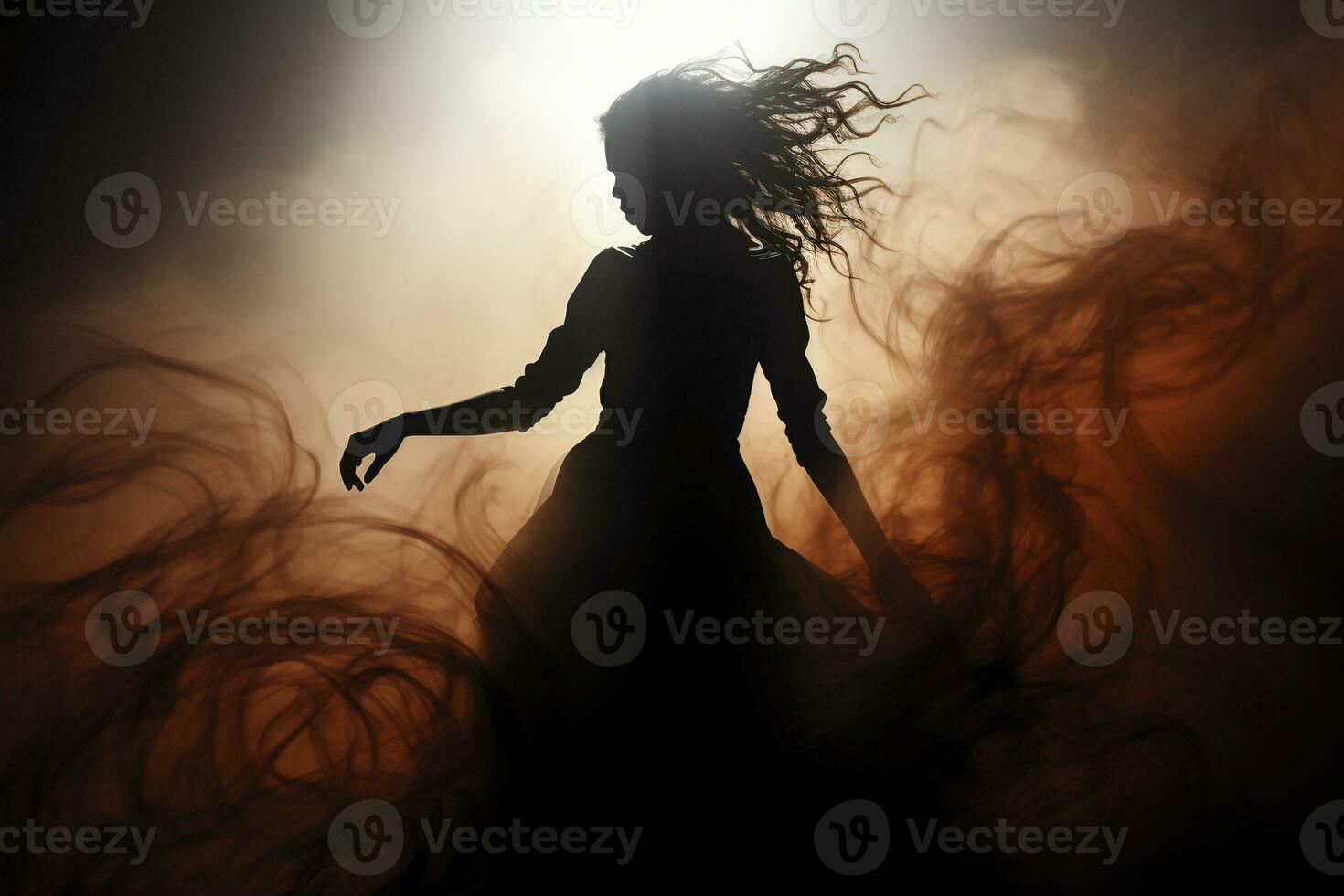 Woman vaguely visible silhouette through thick fog, dynamic pose. AI generative photo