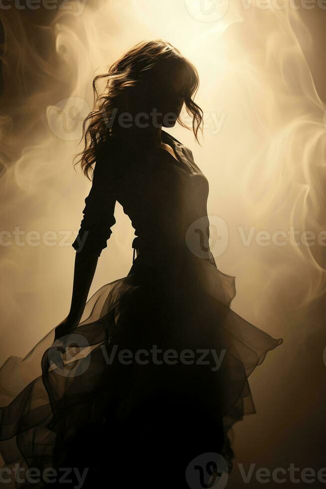 Woman vaguely visible silhouette through thick fog, dynamic pose. AI generative photo