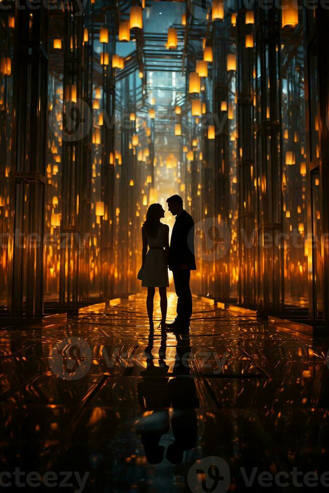 Amazing multiple exposures of a couple dancing in a futuristic hall of mirrors, the floor is shallow crystal blue water. AI generative photo