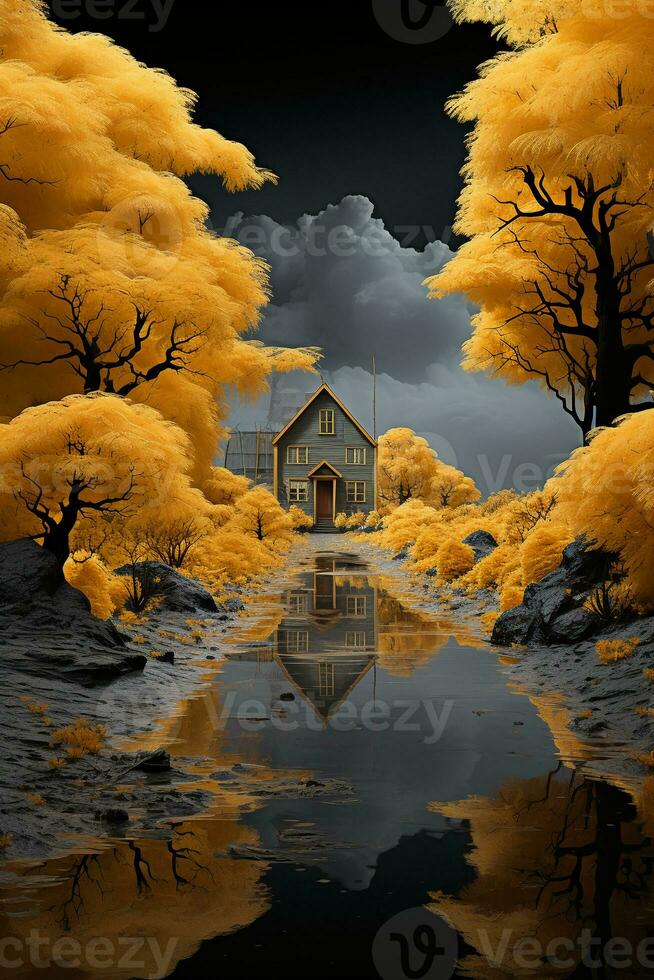 A yellow house at the edge of the danish fjord. AI generative photo