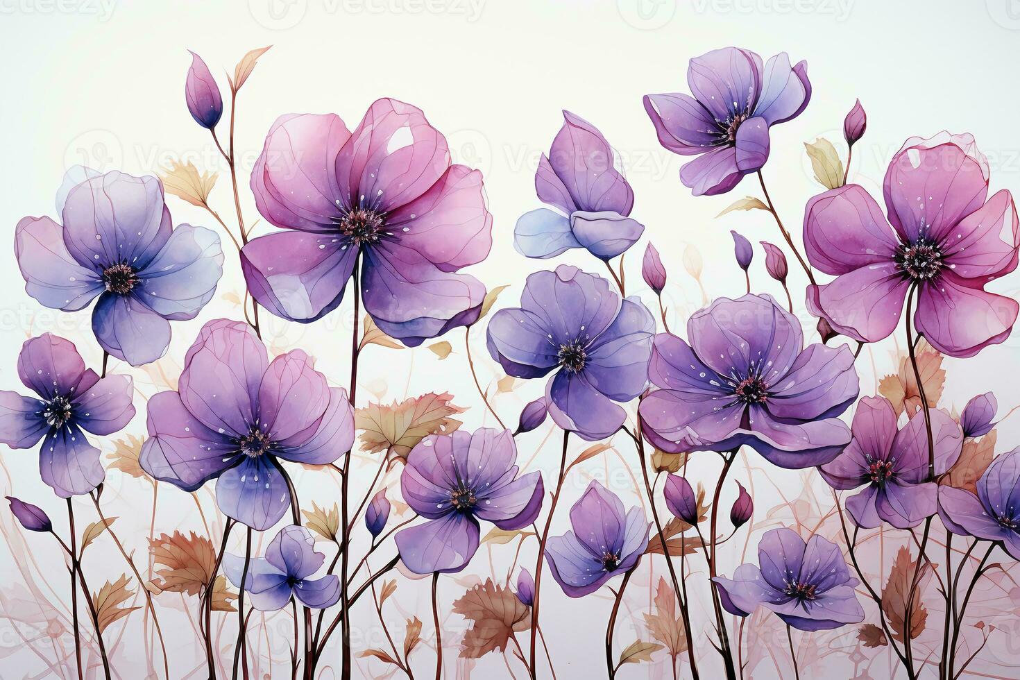 Beautiful detailed and detached small spaced purple flowers on a white background. AI generative photo