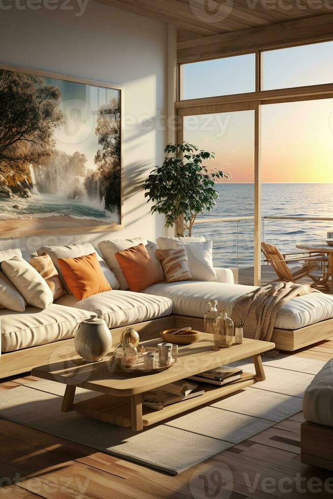 Coastal life interior design. AI generative photo