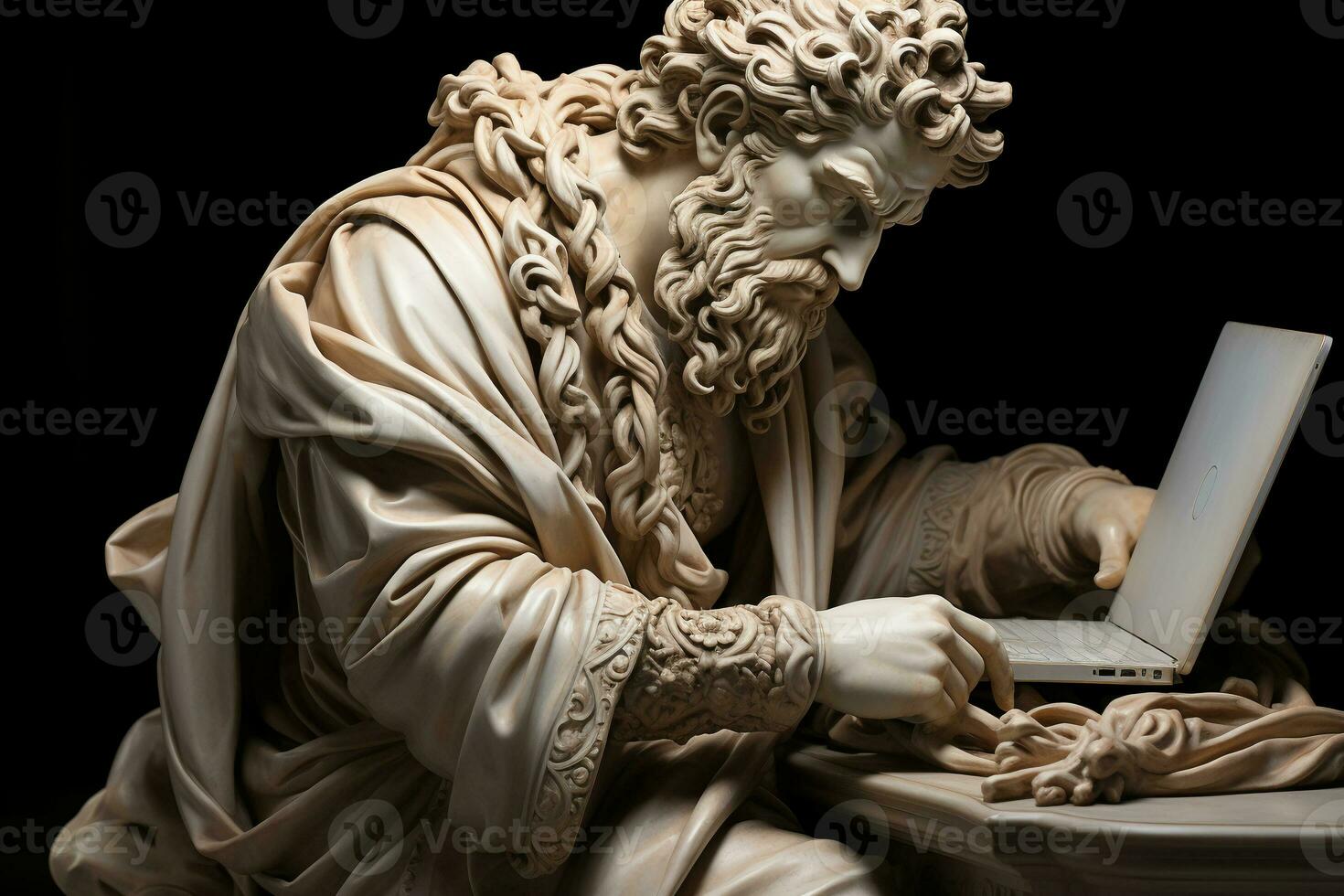 Greek statue of an emperor with carrying a notebook at his side. AI generative photo