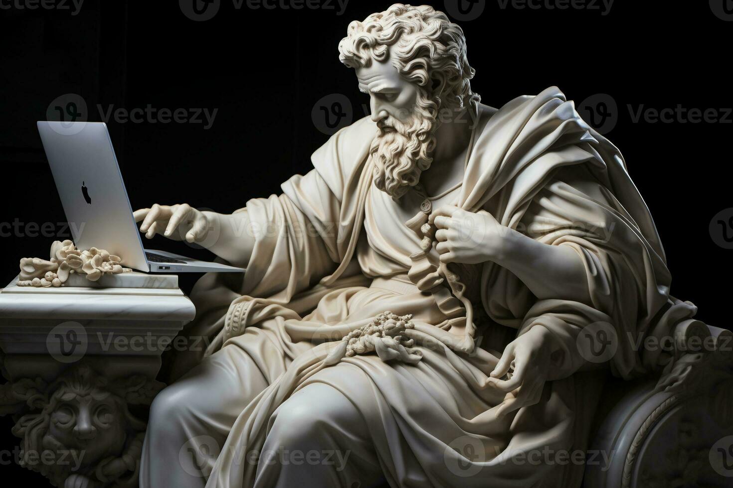 Greek statue of an emperor with carrying a notebook at his side. AI generative photo