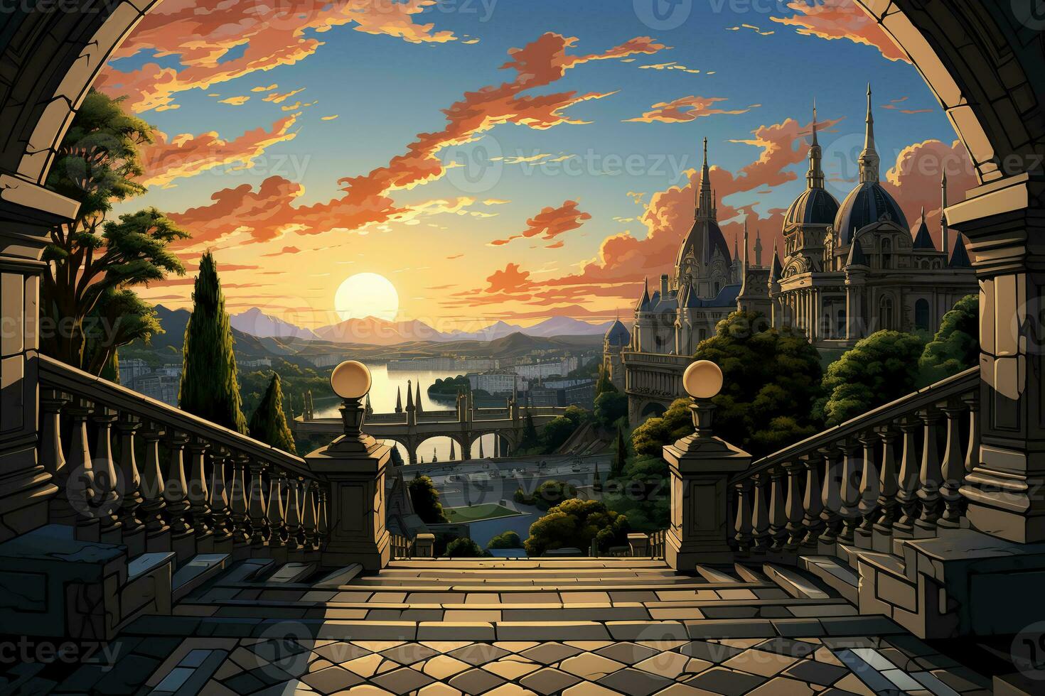 view from an empty balcony in a city at sunrise. AI generative photo
