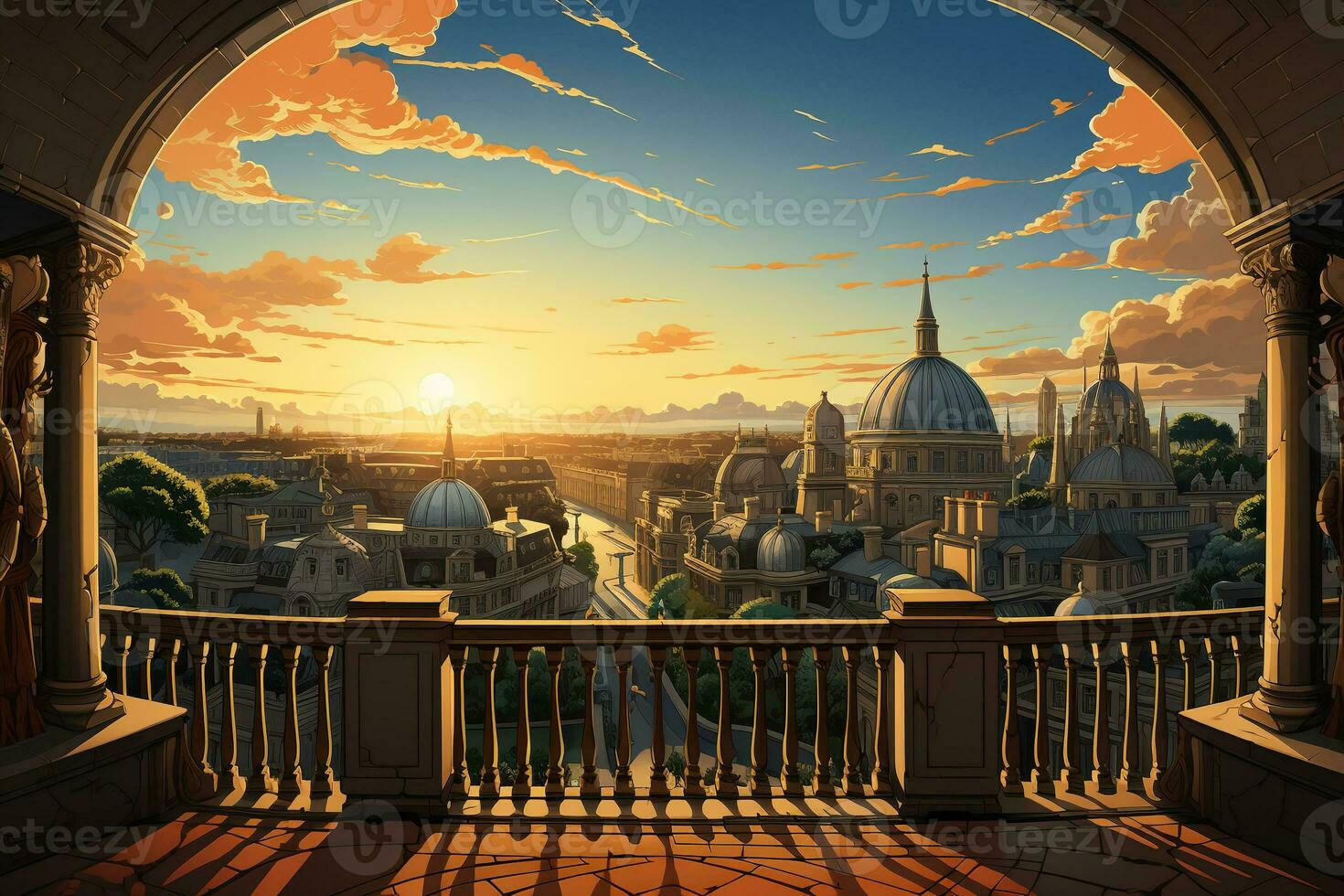 view from an empty balcony in a city at sunrise. AI generative photo