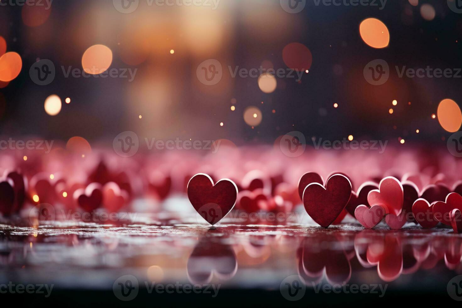 Red heart background with bokeh on the red background. AI generative photo