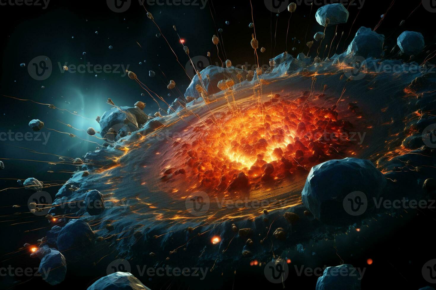 The view of a particle beam from a particle accelerator attacking cancer cells. AI generative photo