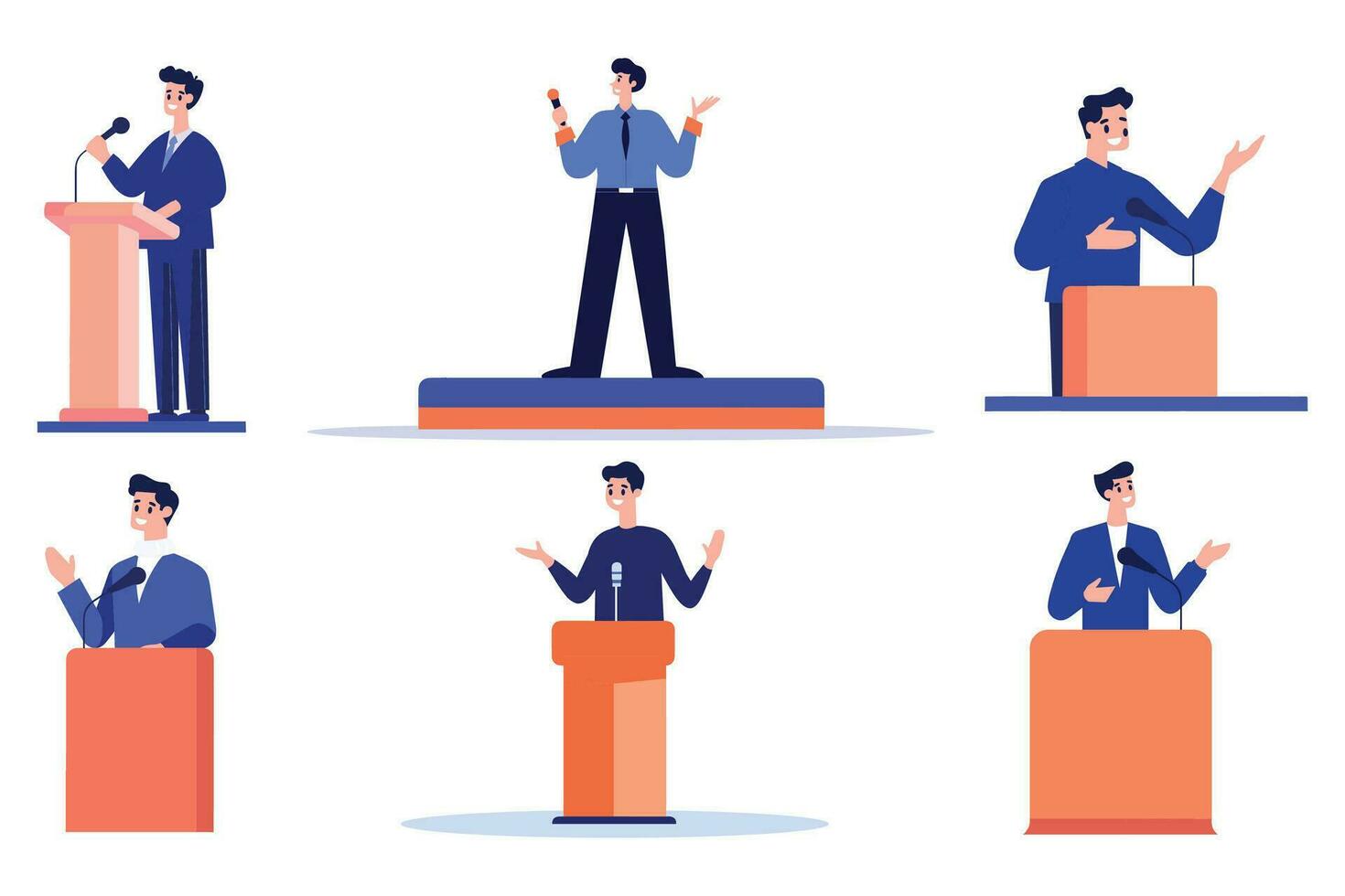 Hand Drawn Businessman speaking on the podium in flat style vector