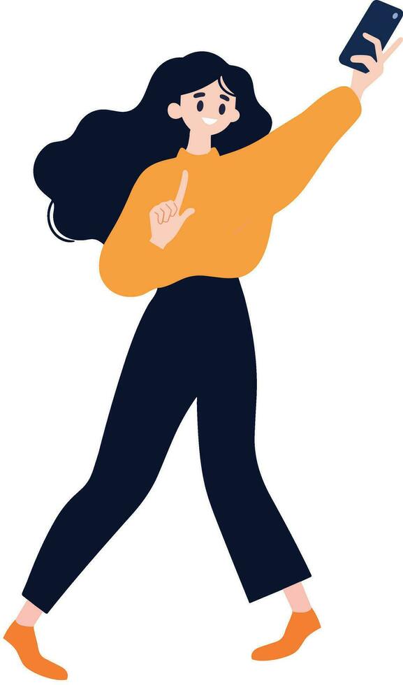 Hand Drawn Female character holding a tablet or smartphone in flat style vector