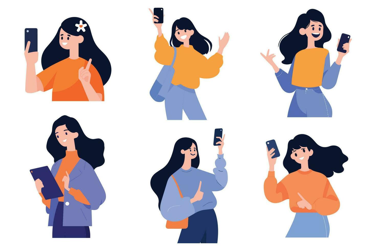 Hand Drawn Female character holding a tablet or smartphone in flat style vector