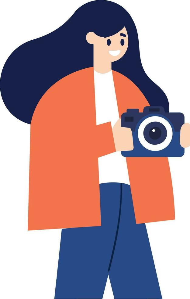 mano dibujado hembra personaje tomando imágenes con cámara en plano estilo vector
