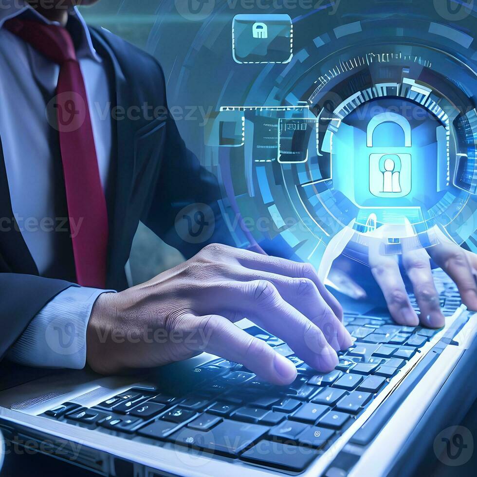Businessman tying to protects cyberspace security and protection by typing on keyboard  ai generative photo