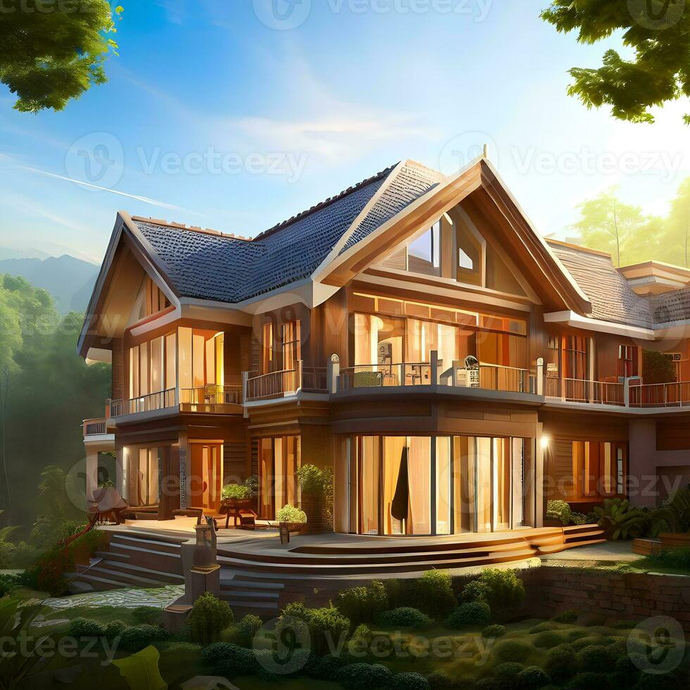 Beautiful natural lightening house exterior with green grass ,trees and stairs AI Generative photo